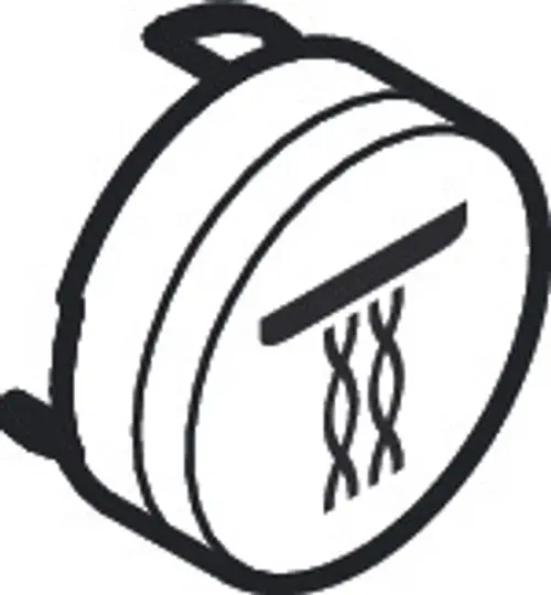 Schwarzes Druckknopf-Symbol von Hansgrohe mit einer stilisierten Darstellung von zwei DNA-Strängen auf der Vorderseite.